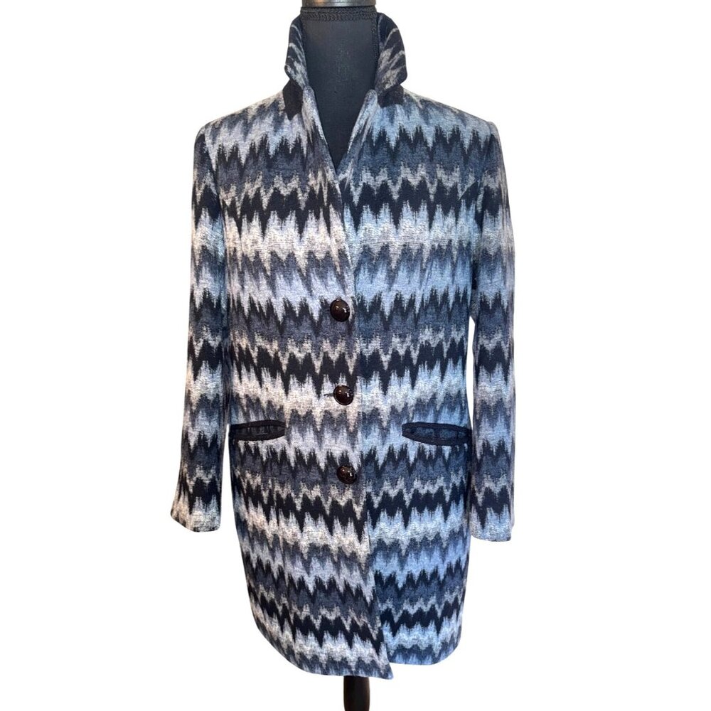 Dolcevita Black Blue Gray Chevron Wool Blazer Coat Jacket L Business City Italy